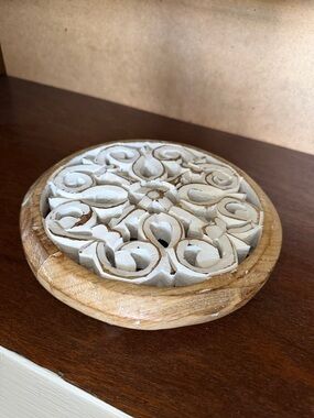 Carved Wood Decorative Trivet in White and Natural Wood